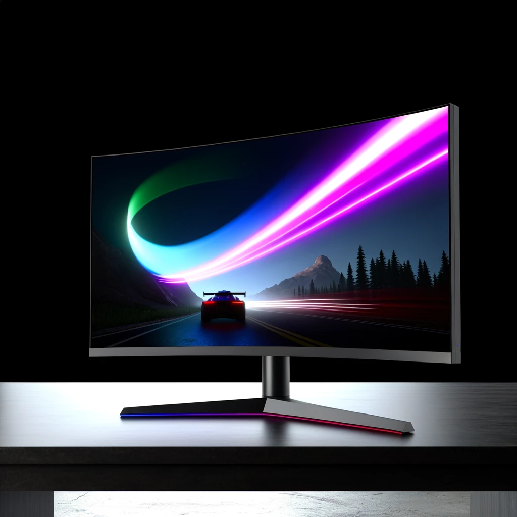 image of a cutting-edge gaming monitor for you. It features a large, curved screen with vibrant display qualities, designed to provide an immersive gaming experience. The minimalist setup emphasizes the monitor's high performance and sleek design, making it a centerpiece for any gamer seeking top-tier visual experiences.