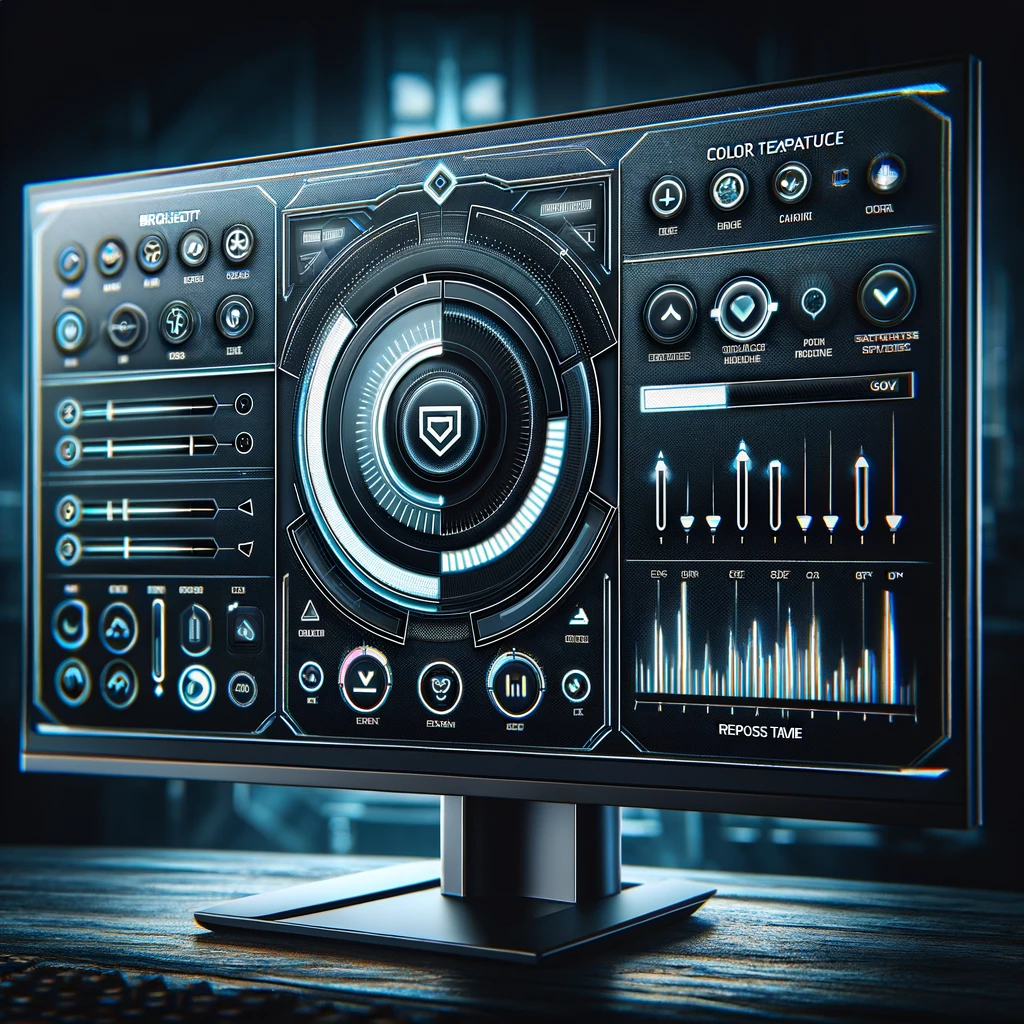 an image showing the settings interface of a gaming monitor. This close-up view captures the various adjustable settings like brightness, contrast, color temperature, refresh rate, and response time, all designed for precise customization to enhance the gaming visual experience.