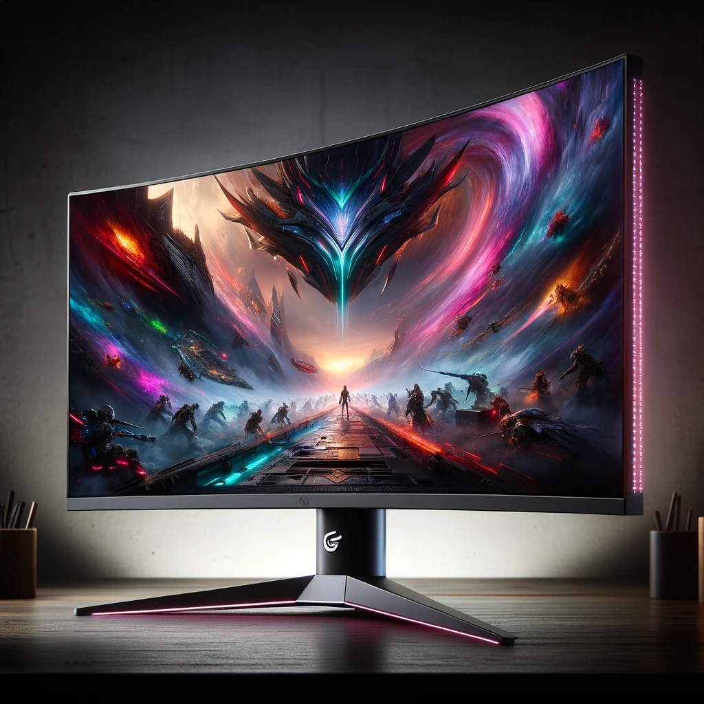 image of a cutting-edge gaming monitor for you. It features a large, curved screen with vibrant display qualities, set against a sleek, modern desk. This setup is designed to provide an immersive gaming experience, emphasizing the monitor's high performance and visual appeal.