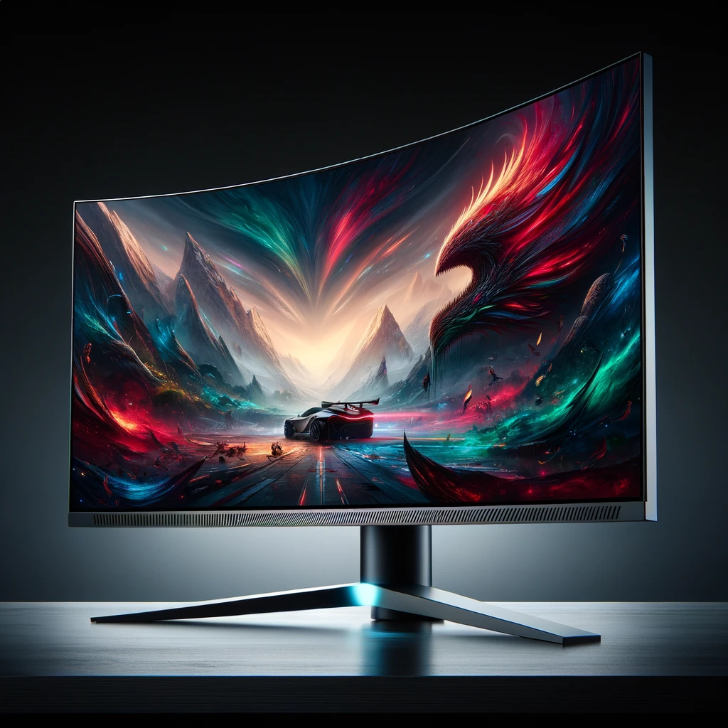 image of a cutting-edge gaming monitor for you, showcasing its large, curved screen and vibrant display on a sleek, modern desk. The setup is designed to provide an immersive gaming experience, emphasizing the monitor's high performance and visual appeal.