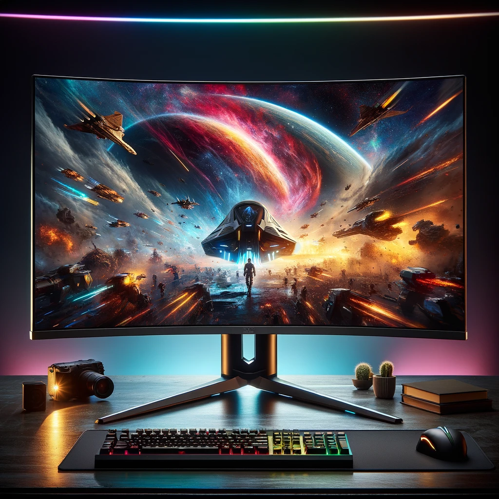 image of a state-of-the-art gaming monitor for you, featuring an ultra-wide curved screen and immersive viewing experience, highlighted by ambient RGB lighting for a captivating gaming atmosphere.