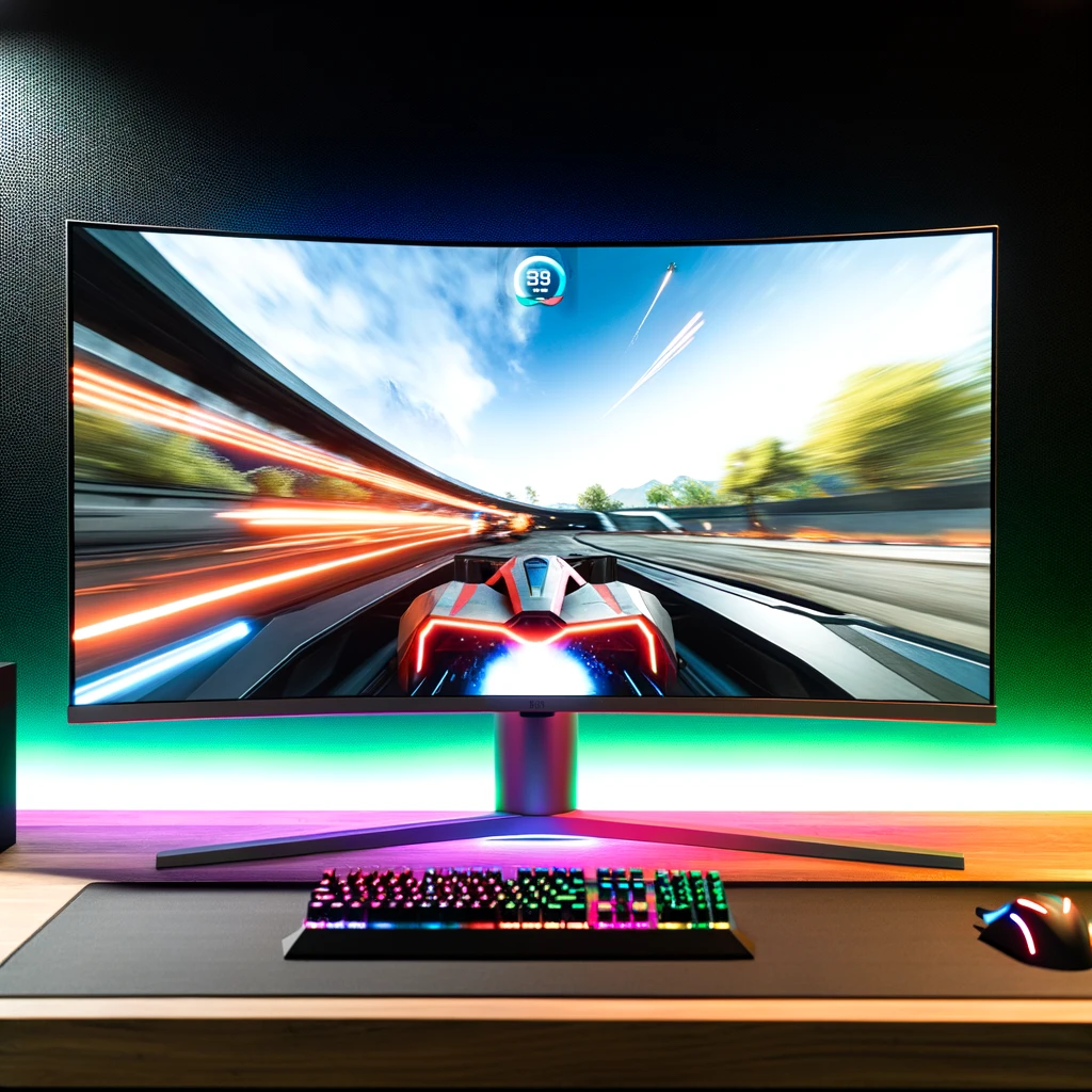 images of an ultra-wide gaming monitor for you, showcasing its expansive curved screen and immersive experience, complemented by vibrant graphics and ambient RGB lighting. This setup embodies the pinnacle of high-end gaming, designed for those who demand superior performance and an immersive visual experience.
