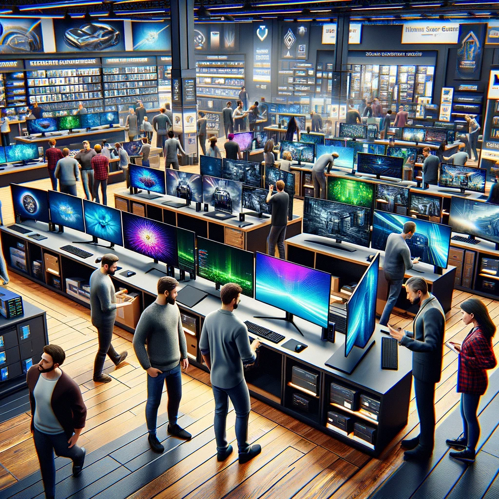image of people shopping for monitors in a computer store. The scene captures a lively and engaging atmosphere with customers and a salesperson discussing the features and advantages of various modern monitors on display.