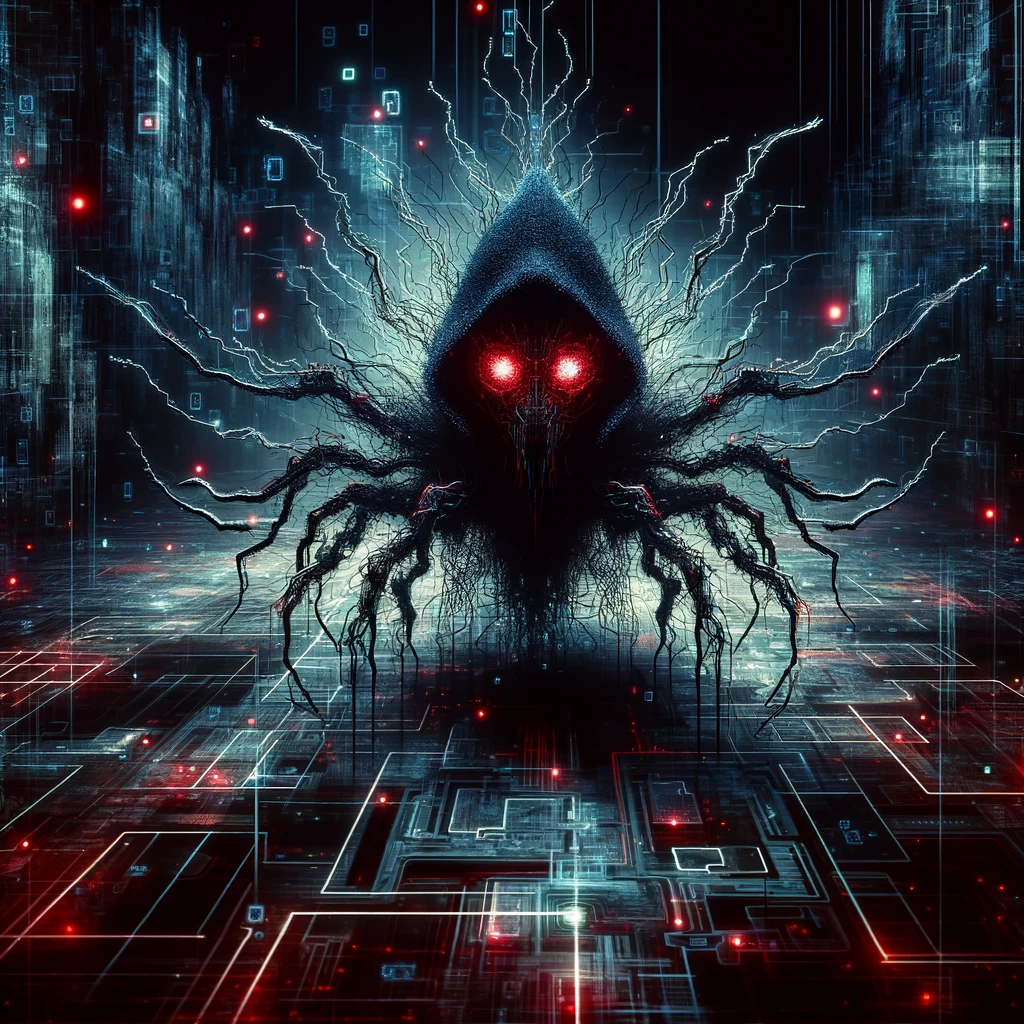 abstract image representing a computer virus, featuring a dark, cybernetic landscape with a menacing digital entity at its core, symbolizing the threat and chaos viruses bring to the digital world.