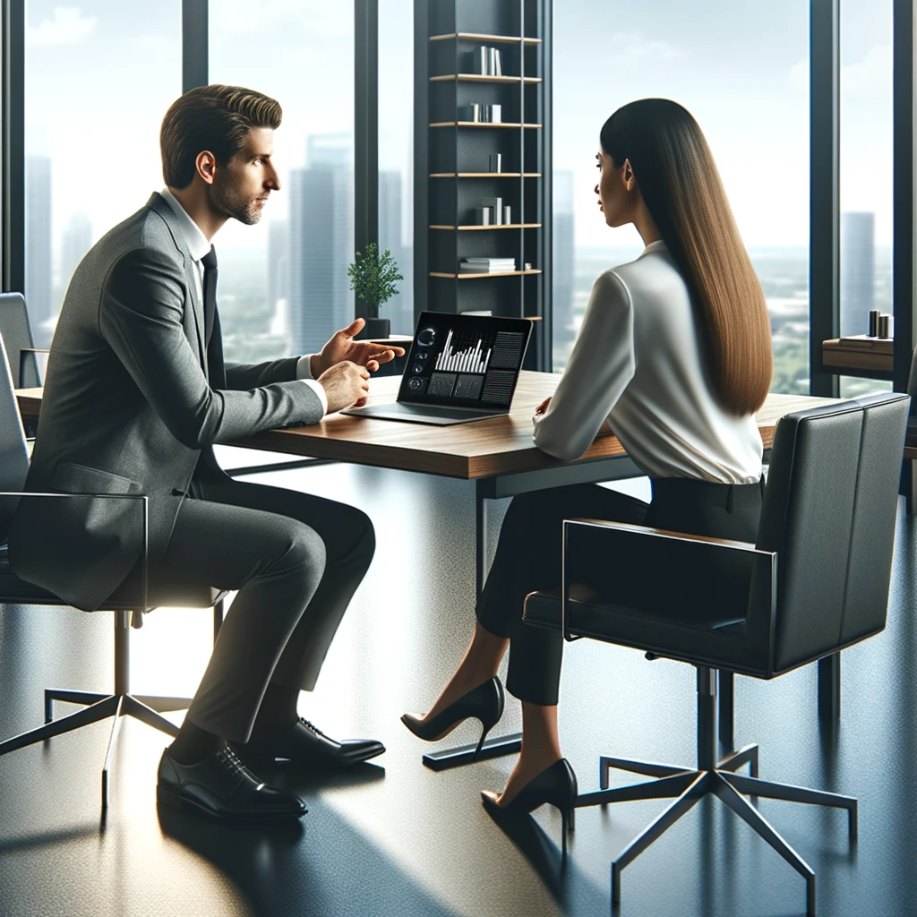an image capturing a professional consultation session, featuring two individuals engaged in a discussion at a modern office desk, highlighting the collaboration and expertise involved in such meetings.