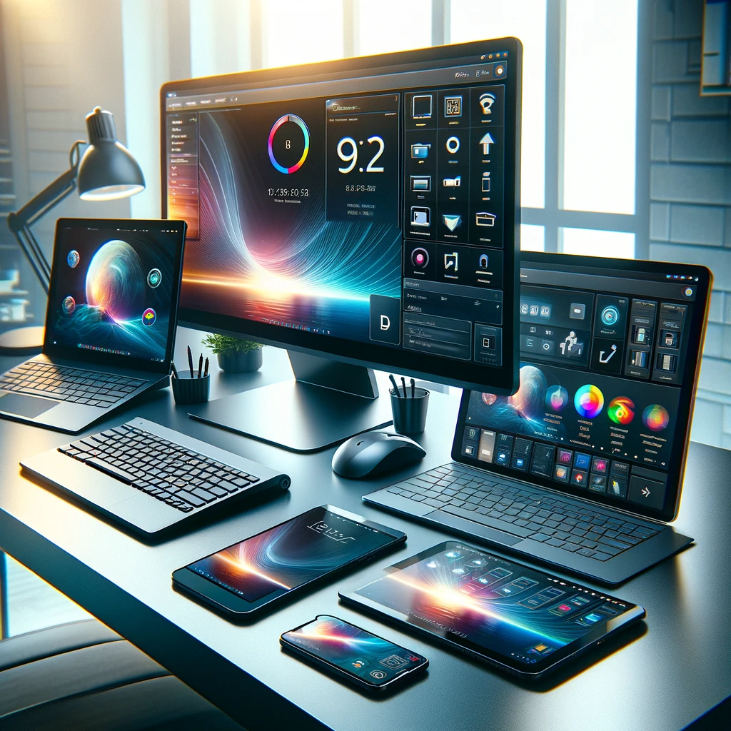 an image showcasing a modern technology setup on a table, featuring a laptop, desktop computer, tablet, and cellphone, each highlighting its unique form and functionality within a productive and tech-savvy environment.