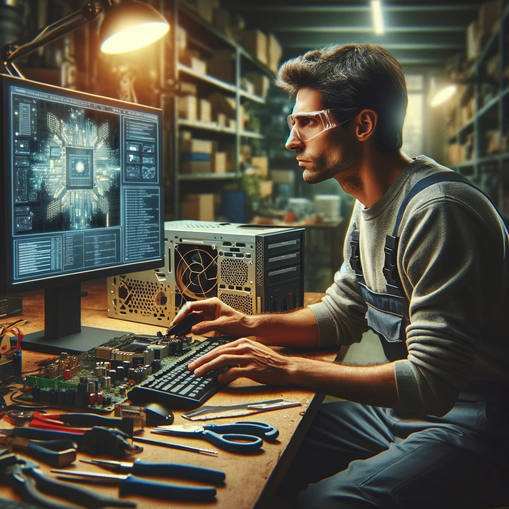 The image captures a computer technician working intently on a computer that is turned on, set within a workshop filled with various tools and computer parts. This scene highlights the blend of technology and hands-on expertise in the field of computer maintenance and troubleshooting.