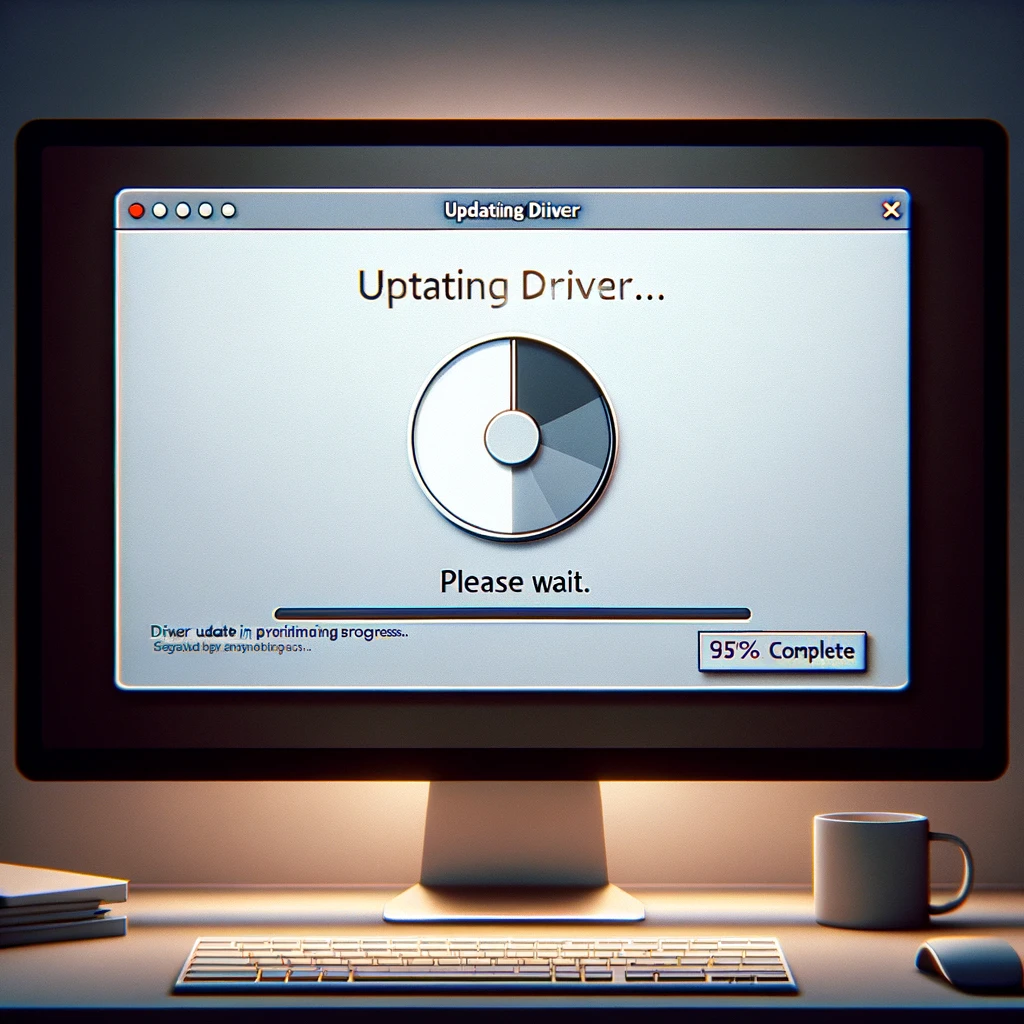 The image illustrates a computer screen during a driver update process, with a nearly completed progress bar and a message indicating the update is 95% complete. This scene emphasizes the routine yet crucial aspect of software maintenance for enhancing computer performance.