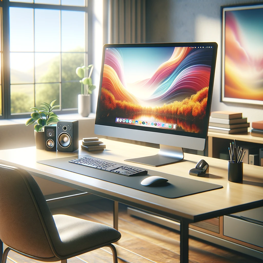 The image showcases a modern desktop computer setup on a desk, complete with a large monitor, keyboard, and mouse, all set against the backdrop of a window with a serene outdoor view. This setup creates an atmosphere of productivity and comfort, ideal for both work and leisure activities.