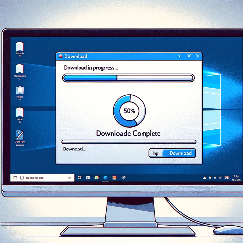 The image created illustrates a Windows computer screen during the process of downloading a program, with a progress bar showing the download at 50% completion. This captures the typical anticipation and productivity associated with downloading and installing new software on a Windows system