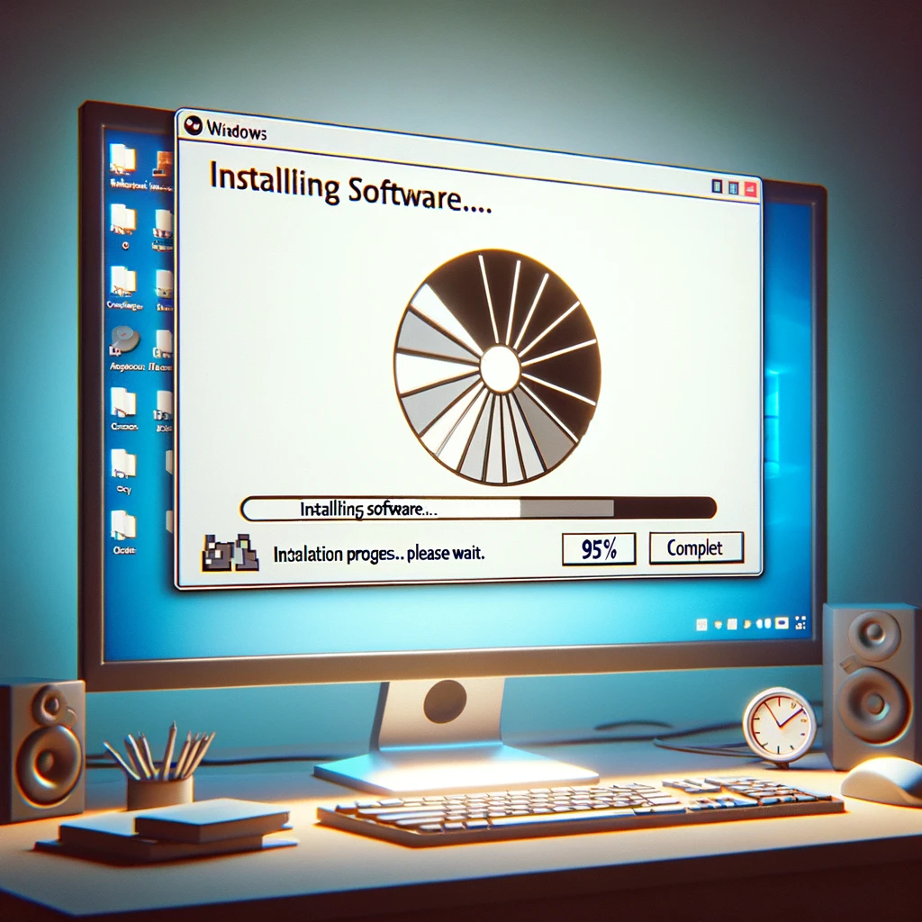 The image illustrates a computer screen with a Windows installation wizard, showing a software installation process nearly complete at 95%. This captures the anticipation and process involved in adding new software to a Windows computer.