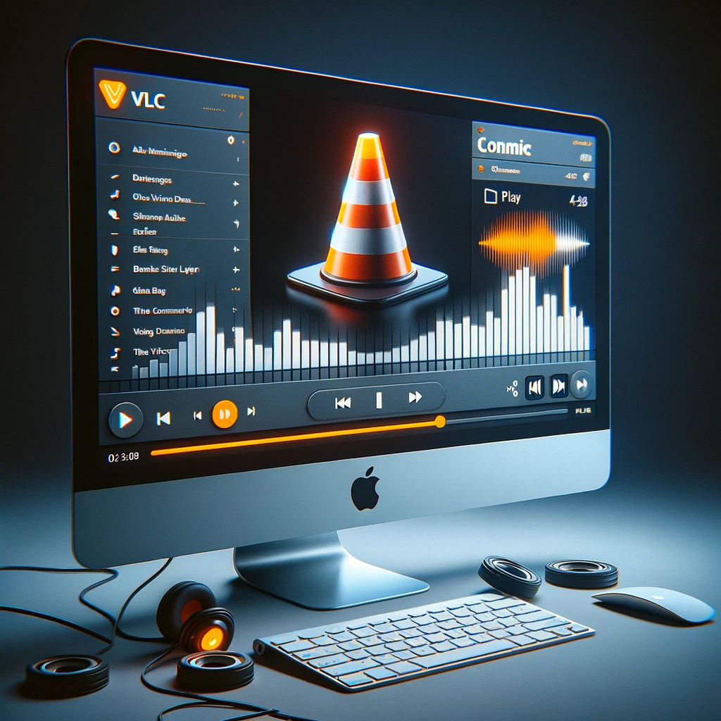 The image created showcases the VLC media player interface on a computer screen, actively playing a song, with the audio waveform visible and playback controls at the bottom. This scene highlights the VLC media player's versatility and functionality for enjoying music.