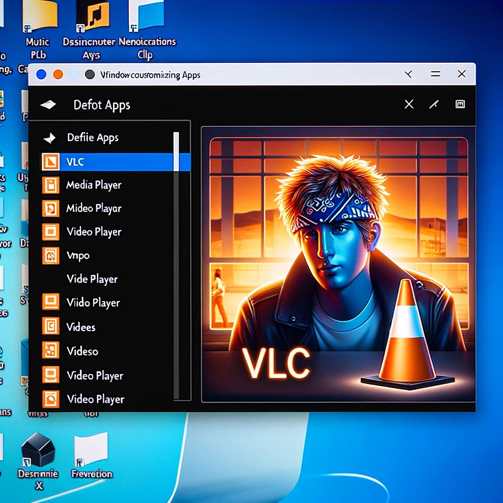 The image visualizes a computer screen where the VLC media player is being set as the default media application on a Windows system, highlighting the selection process in the 'Default apps' settings window. This captures the user-friendly approach to customizing default applications in the Windows environment.