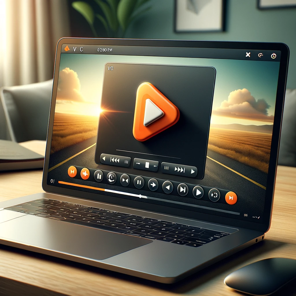 The image created showcases a modern laptop computer using the VLC media player to actively play a video, set against the backdrop of a simple, clean desk. This scene captures the personal entertainment experience provided by the VLC media player on a laptop.