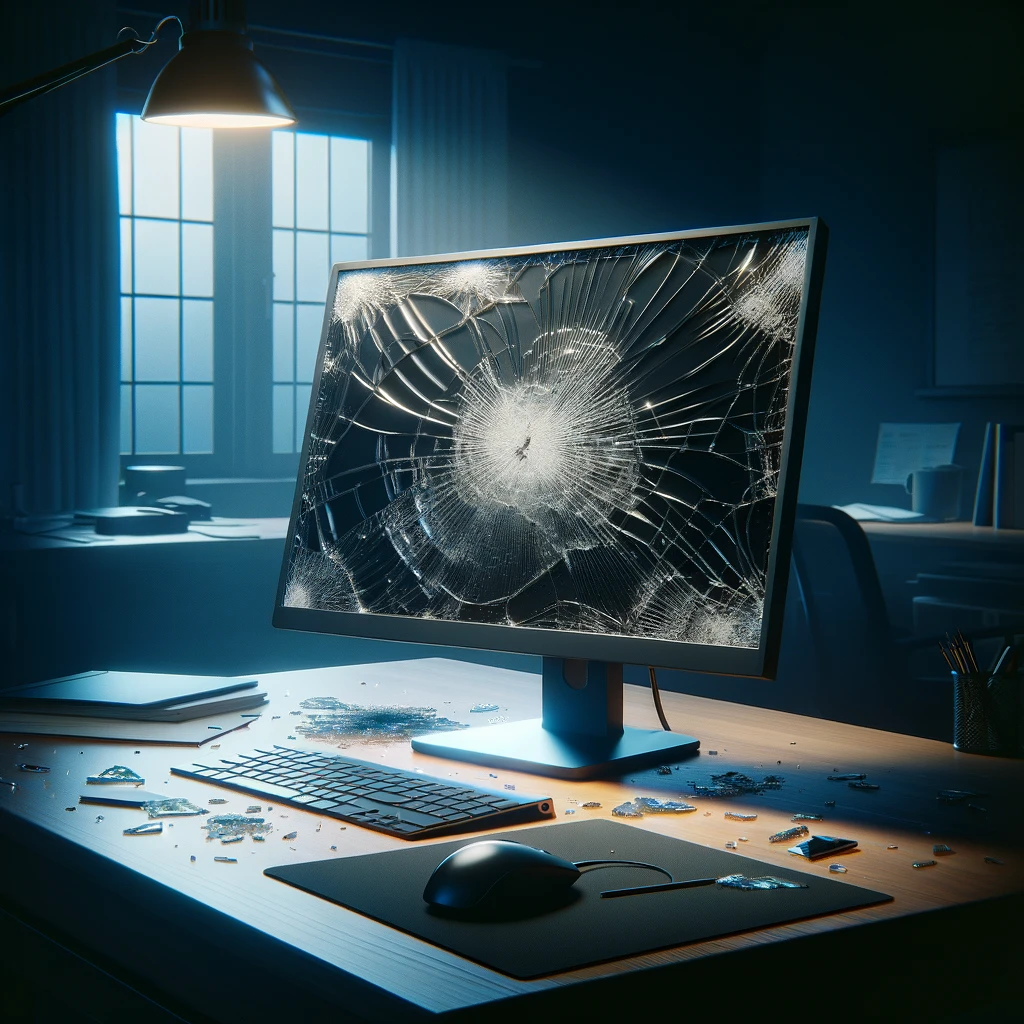 A desktop computer monitor with a cracked screen and bent frame, sitting on a desk in a dimly lit office, surrounded by a keyboard, mouse, and scattered papers, highlighting a disrupted work environment due to the monitor's damage.