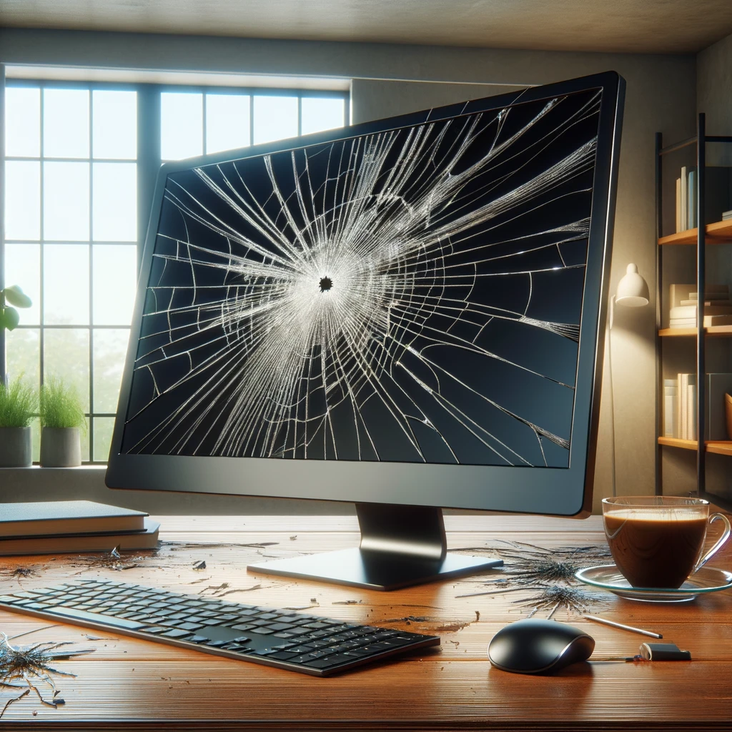 A sleek desktop computer monitor with a spiderweb crack across the screen, lying on its side on a wooden desk in a well-lit home office, next to a spilled cup of coffee, with books, a plant, and a sunny window in the background.