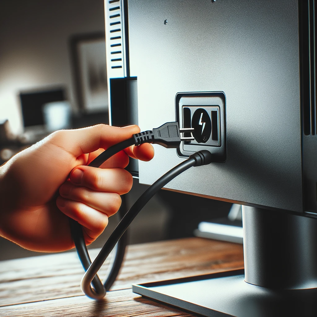 A close-up of a person's hand inserting a black power cable into the power socket of a sleek computer monitor, set against a blurred office background.