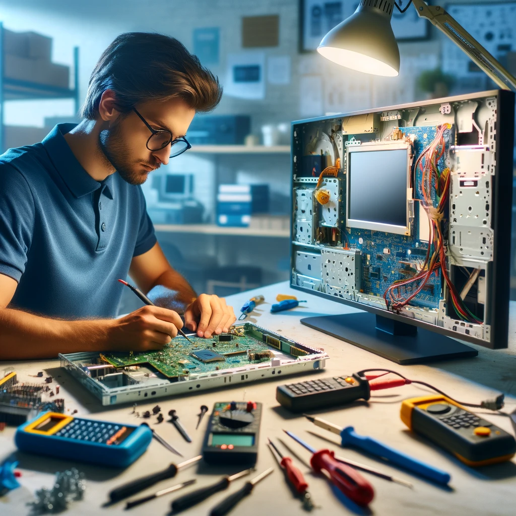 A technician in a blue polo shirt and glasses focused on repairing a disassembled computer monitor at a well-equipped workbench, with electronic parts and tools around, in a brightly lit repair shop.