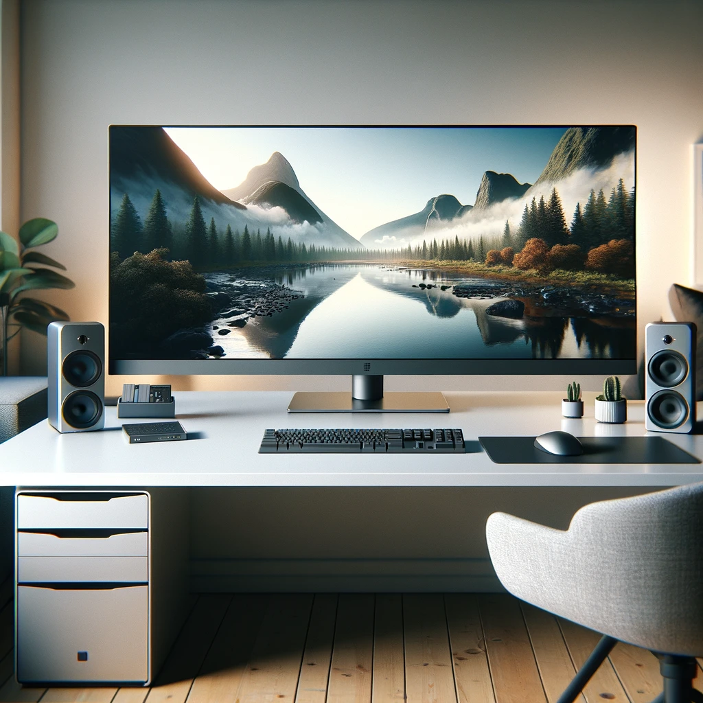 A modern home office setup with an ultra-wide screen monitor displaying a landscape wallpaper, accompanied by a sleek keyboard, mouse, speakers, under soft natural light, with an ergonomic chair and potted plants in the background.