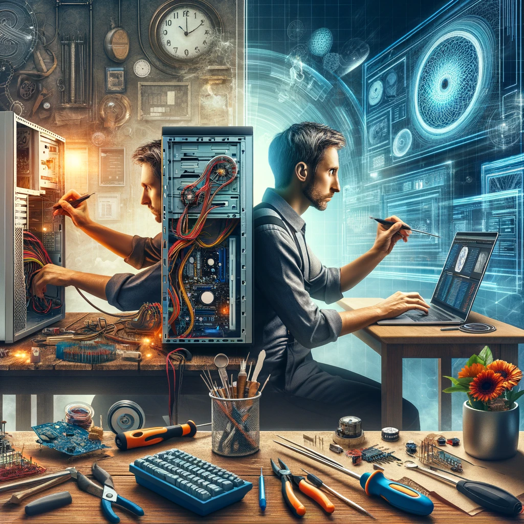A skilled individual multitasking in a dynamic workspace, fixing a computer on one side of the desk and designing a website on a laptop on the other, surrounded by various tools and technology-related items.