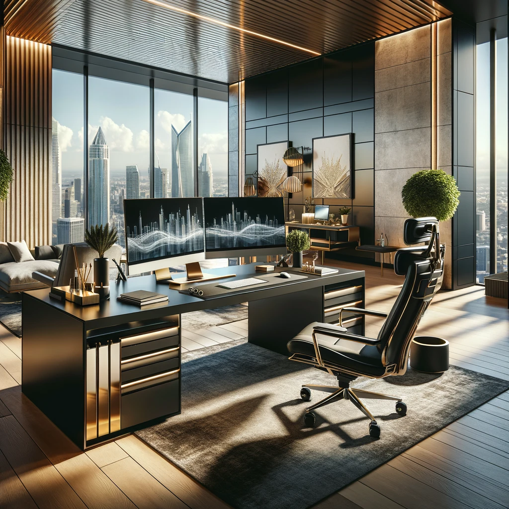 A luxurious office with an elegant workstation, featuring a high-end computer, ergonomic chair, and minimalist desk, with large windows showcasing the city skyline, enhanced by natural light and modern decor.