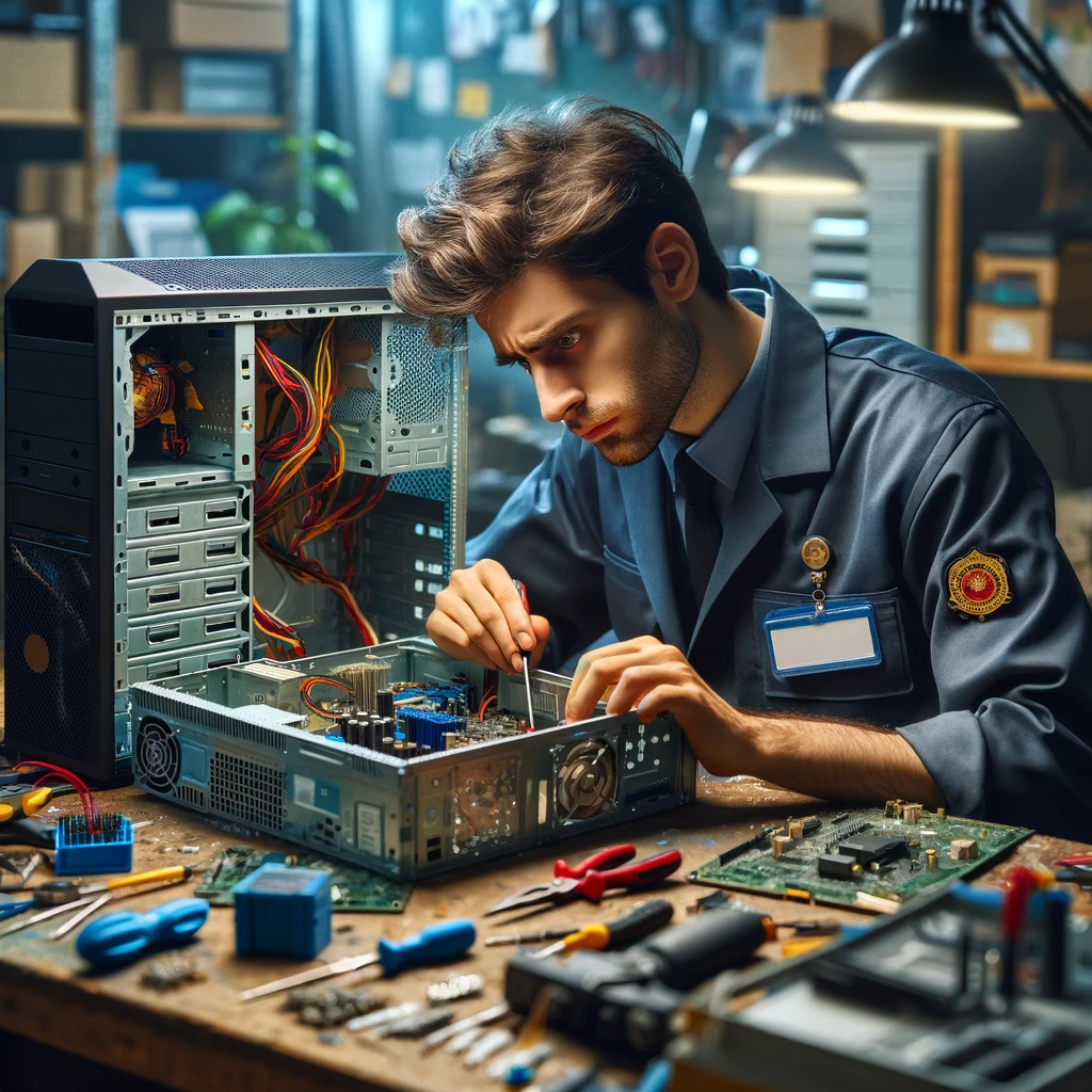 A computer repair technician, wearing a professional uniform, focuses on fixing a desktop computer at a cluttered workbench surrounded by tools and computer parts, in a workshop full of spare parts and computers awaiting repair.