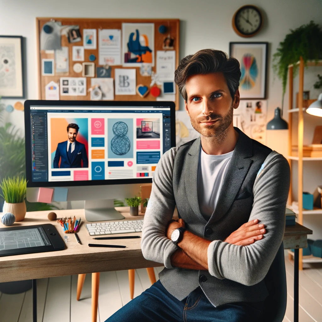 A confident web designer in casual business attire at a modern desk, with a computer showing a complex website design, surrounded by a mood board, a digital drawing tablet, and notes, in a bright room with personal touches.
