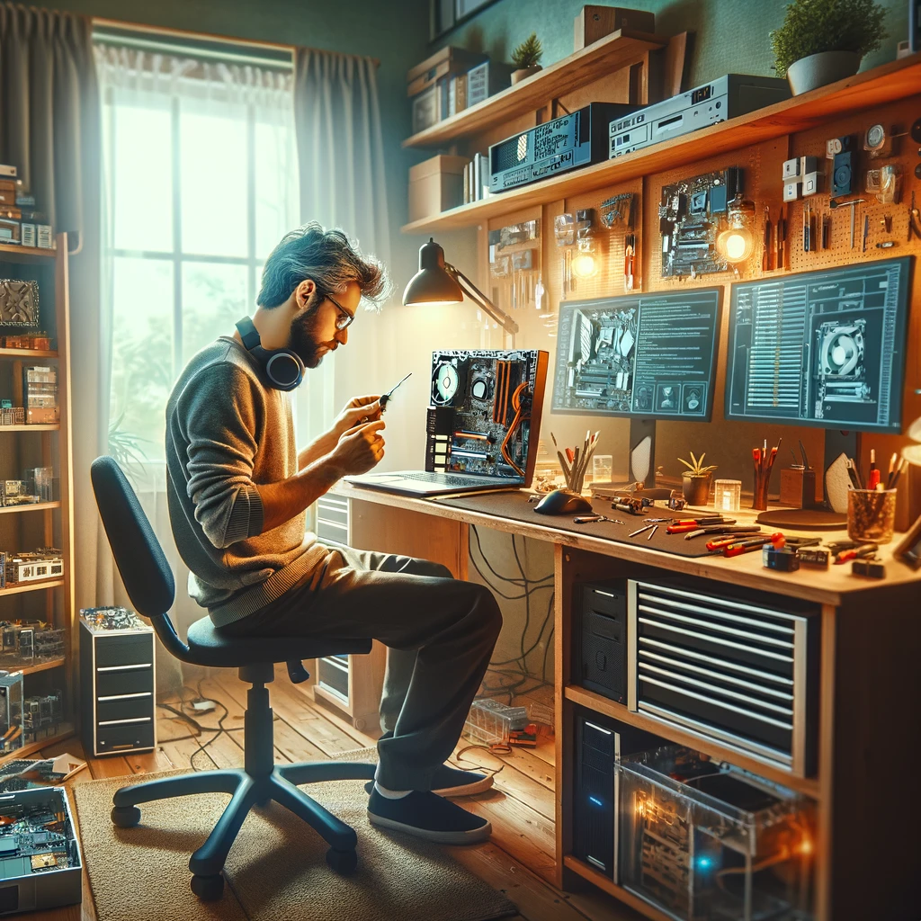 "A computer repair technician in a home office, working on a disassembled laptop with tools like screwdrivers and a soldering iron on the desk, surrounded by shelves with computer parts, and consulting a second monitor, in a well-lit room."