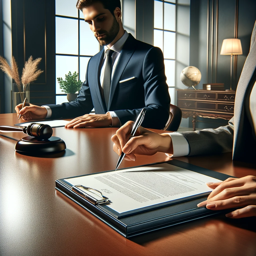 In a professional office, two individuals in business attire are at a polished wooden table for a legal document signing. One is about to sign the documents with a sleek, silver pen, while the other observes. The table features a stack of legal documents and decorative elements like a potted plant and a lamp, highlighting the formality of the occasion.