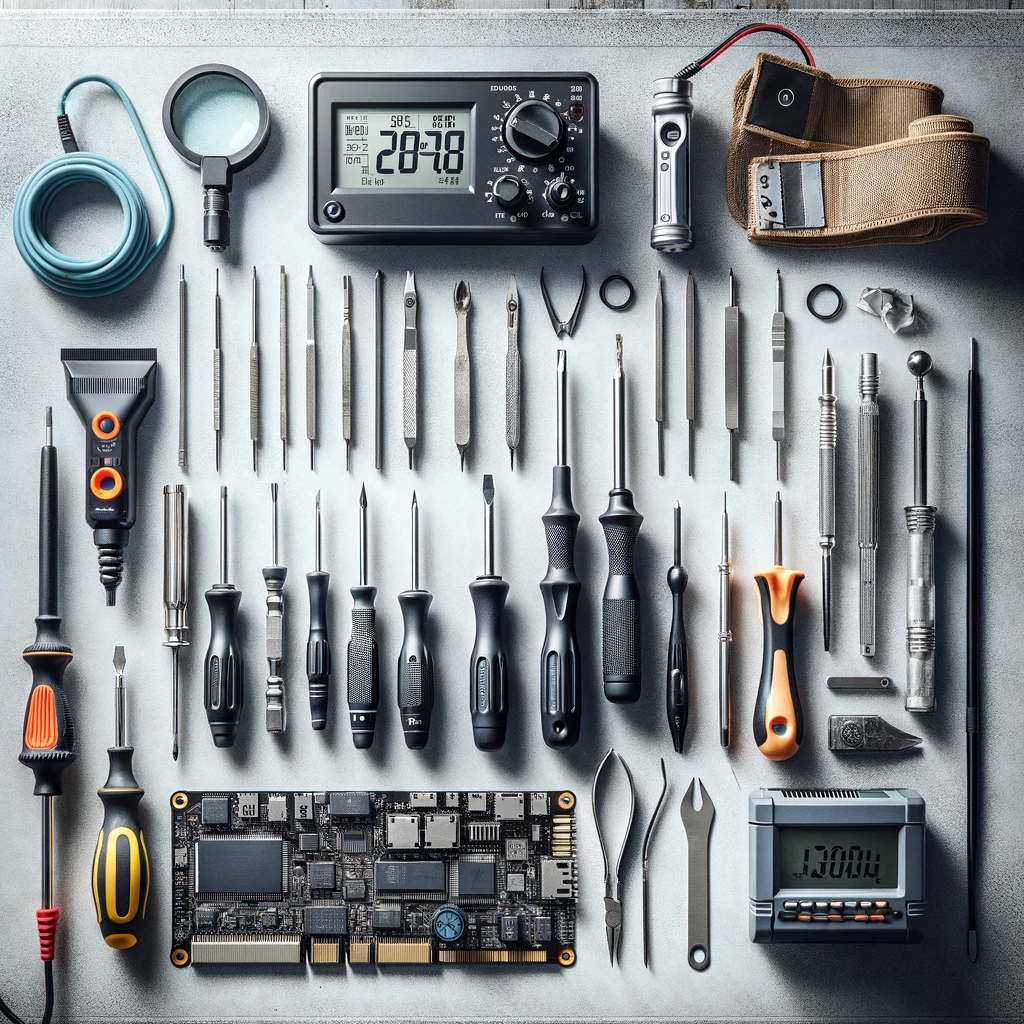 A variety of computer repair tools displayed on a clean, organized workbench, including precision screwdrivers, a soldering iron, antistatic wrist strap, tweezers, magnifying glass, and digital multimeter, all laid out methodically on a textured surface.