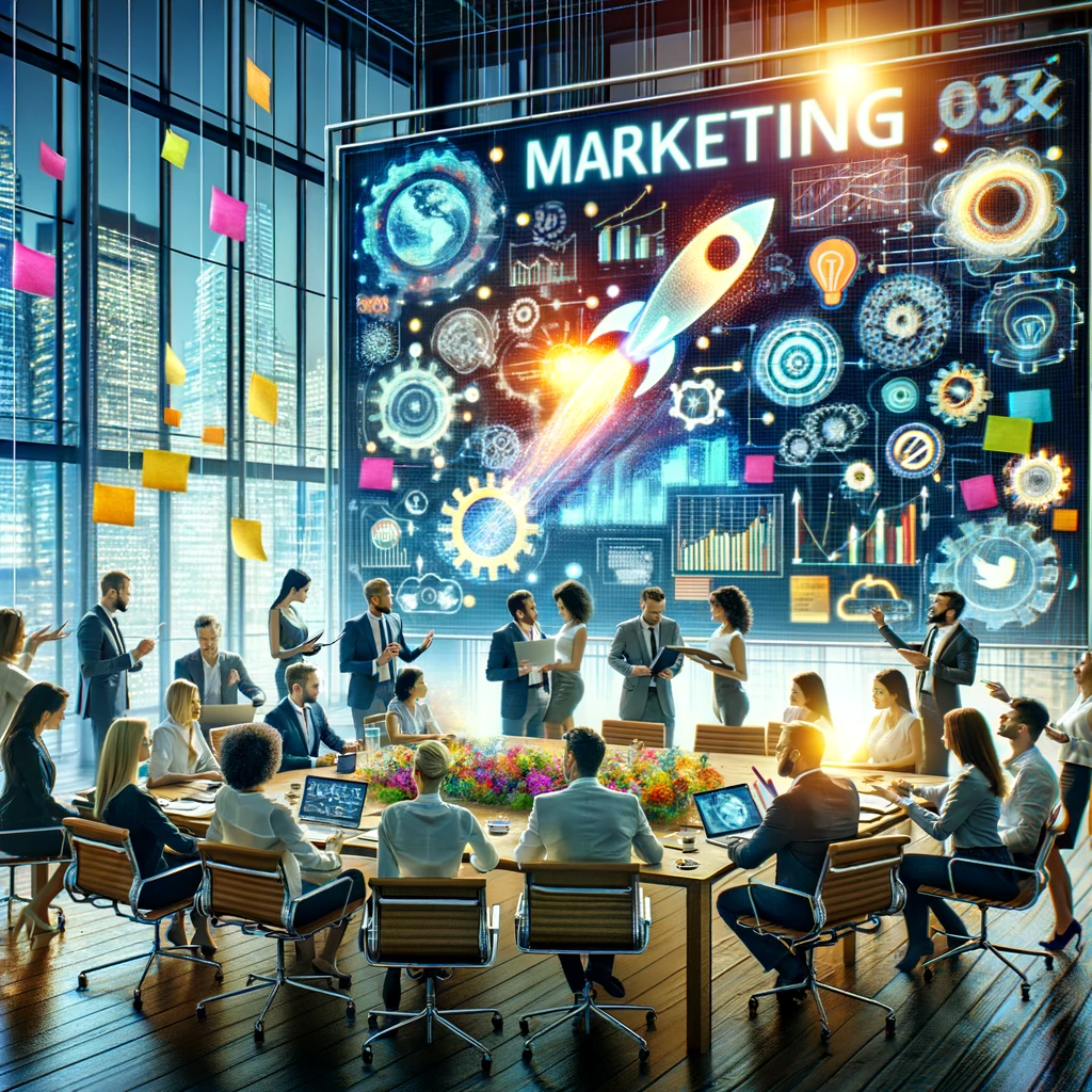 A vibrant business marketing scene with professionals brainstorming around a conference table, using digital tablets, laptops, and colorful sticky notes. They discuss ideas displayed on a large digital screen, in a bustling open office space, emphasizing creativity and teamwork