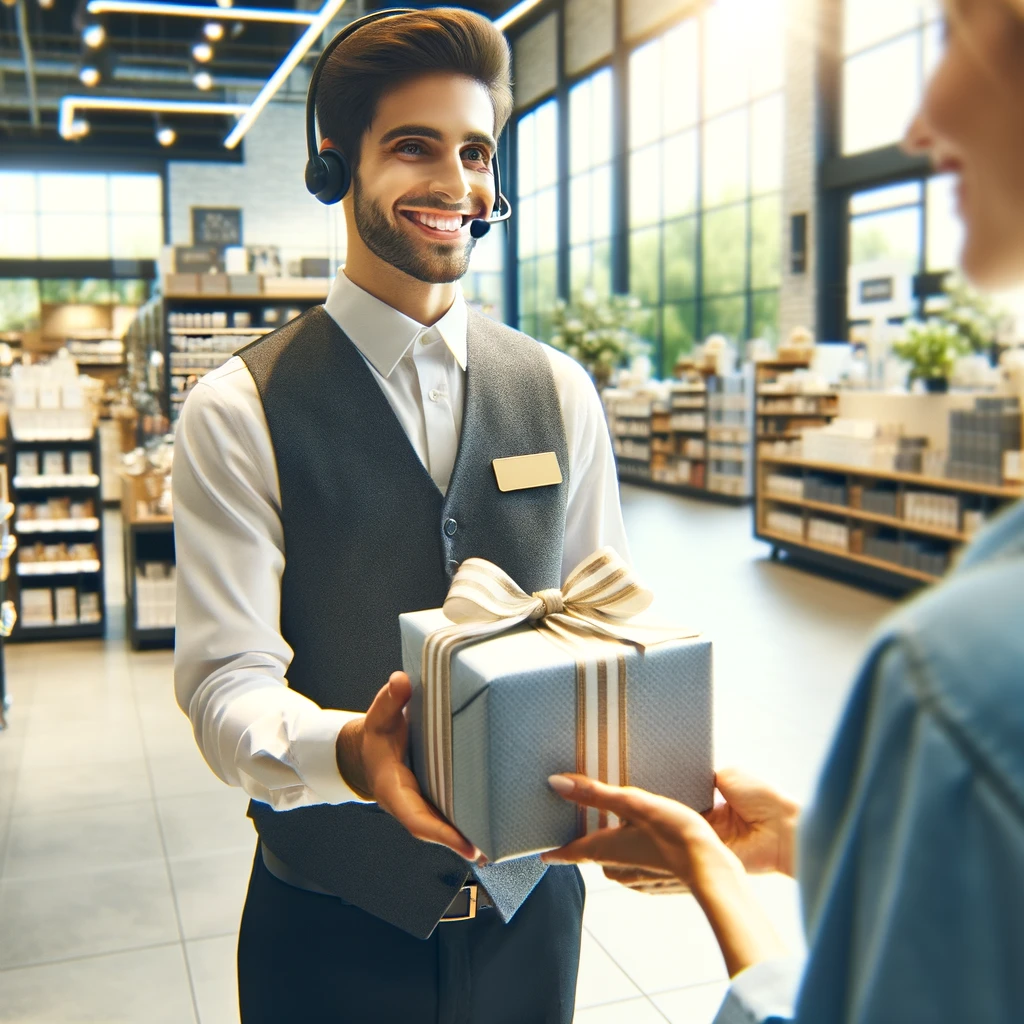 In a bright, welcoming retail environment, a customer service representative, smiling and dressed in a professional uniform, hands a beautifully wrapped product to a satisfied customer. The store's interior is clean and organized, filled with products, embodying the essence of excellent customer service.