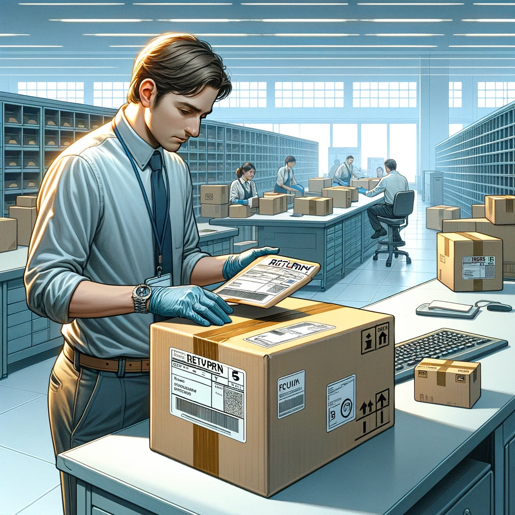 image illustrating a company's mailroom employee receiving a returned product package. The scene captures the beginning of the return handling process.