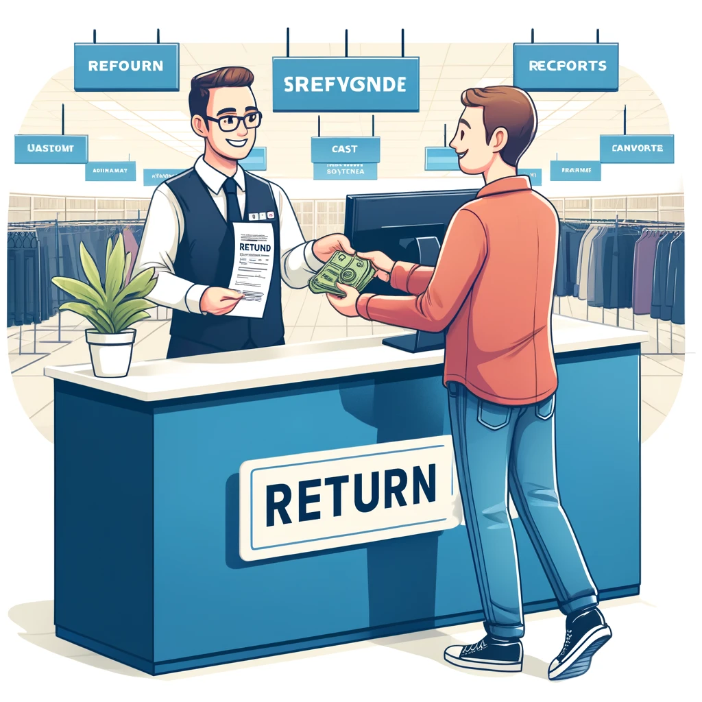 The image illustrates a happy customer at a store's service desk, receiving a refund after a return, capturing a moment of satisfaction and excellent customer service