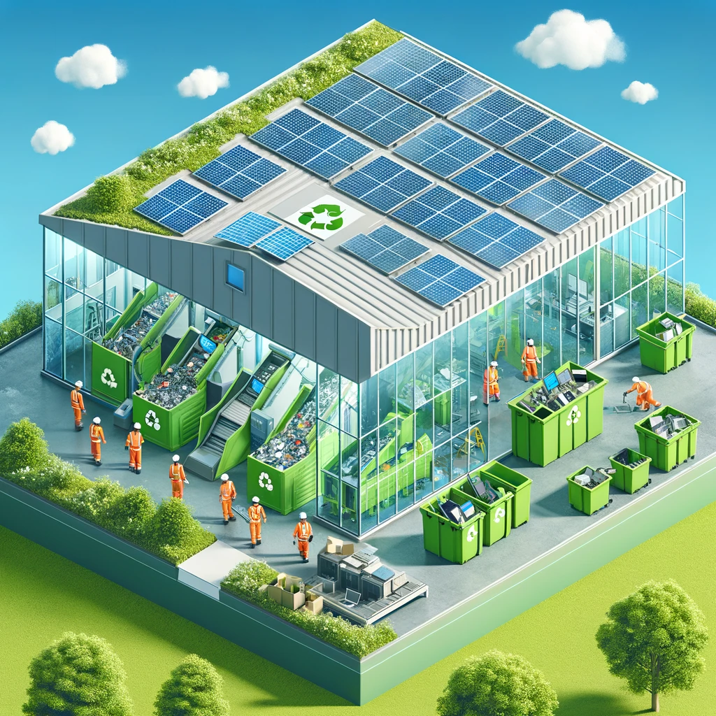 Here's an illustration that brings to life an eco-friendly computer recycling center, merging advanced technology with sustainable practices