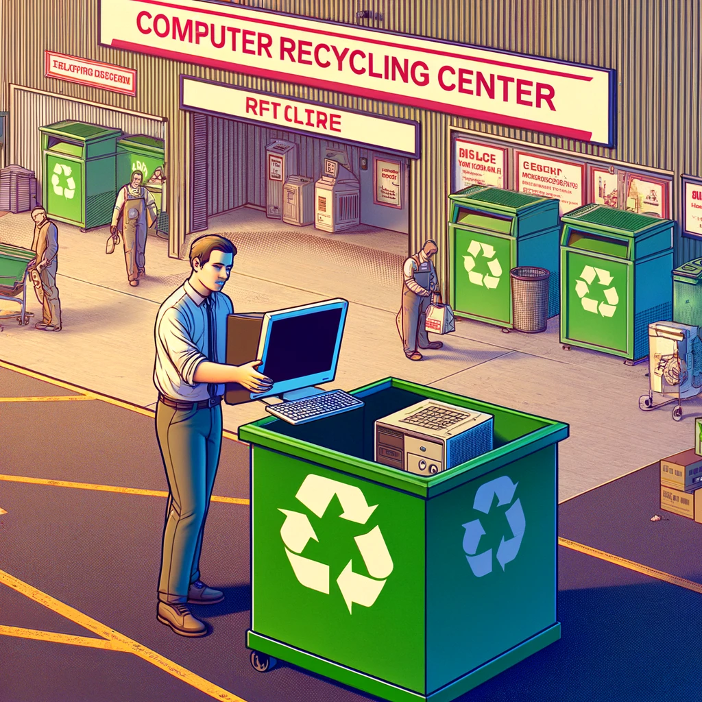 A person placing an old desktop computer into a recycling bin at a computer recycling center, with clear recycling signage and bins in the background
