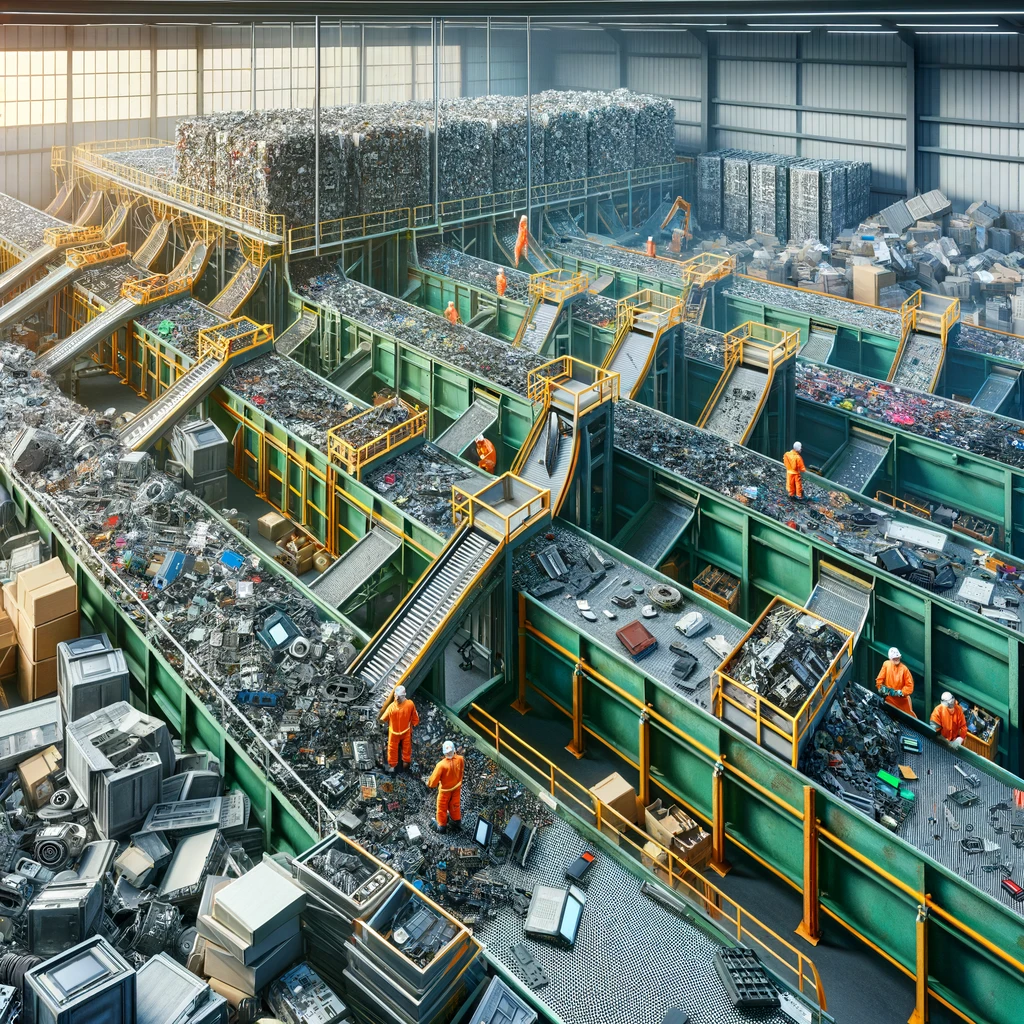 An electronics disposal plant with conveyor belts transporting various electronic waste for dismantling, recycling, and sorting by workers in safety gear, against a backdrop of sorted material stacks