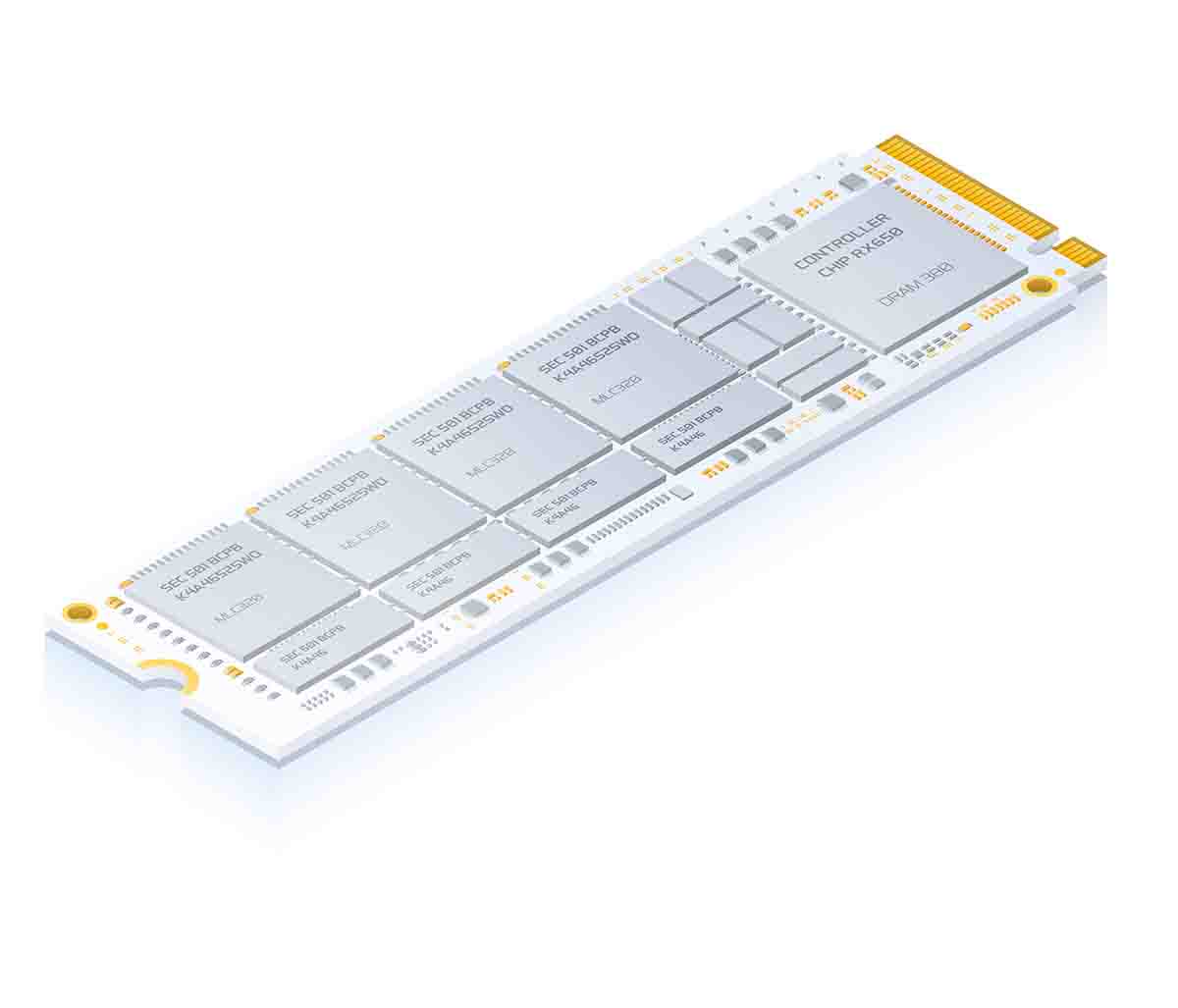 An isometric graphic of a RAM stick, detailed with individual memory chips and golden connectors.