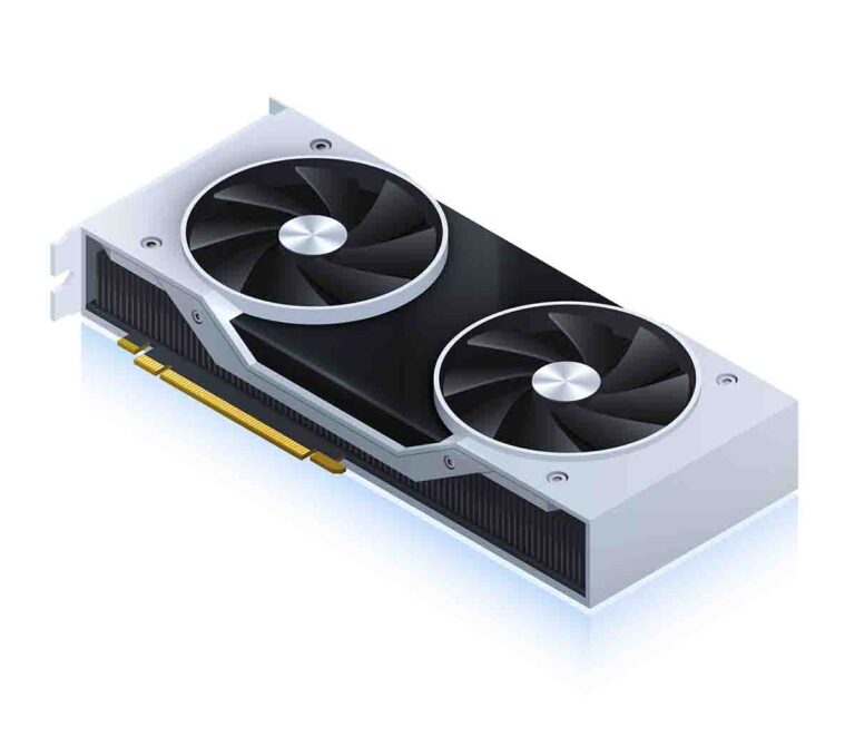 Isometric view of a dual-fan graphics card, showcasing a sleek design with cooling technology.