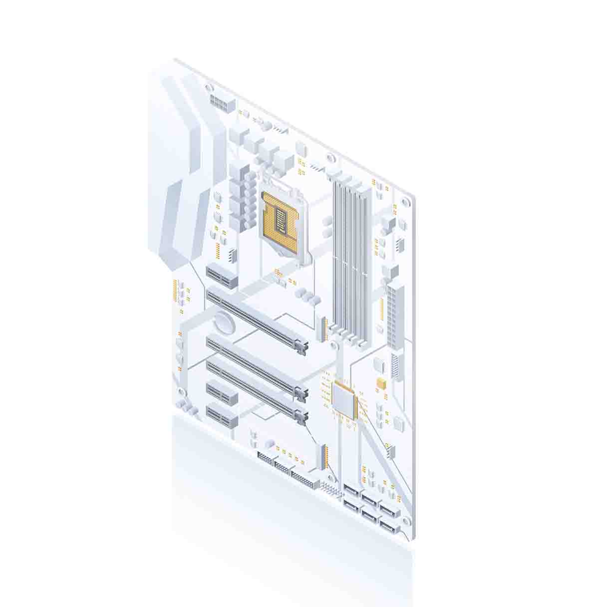 Minimalist isometric illustration of a white motherboard with slots and connectors, emphasizing modern design.
