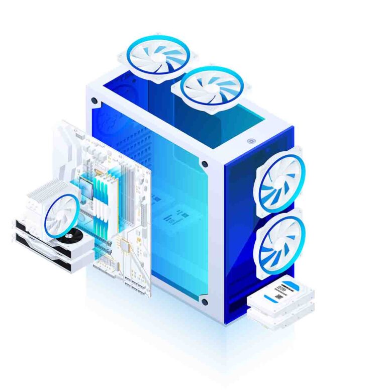 Isometric illustration of a custom-built computer with blue transparent casing, showcasing the internal structure and cooling fans.