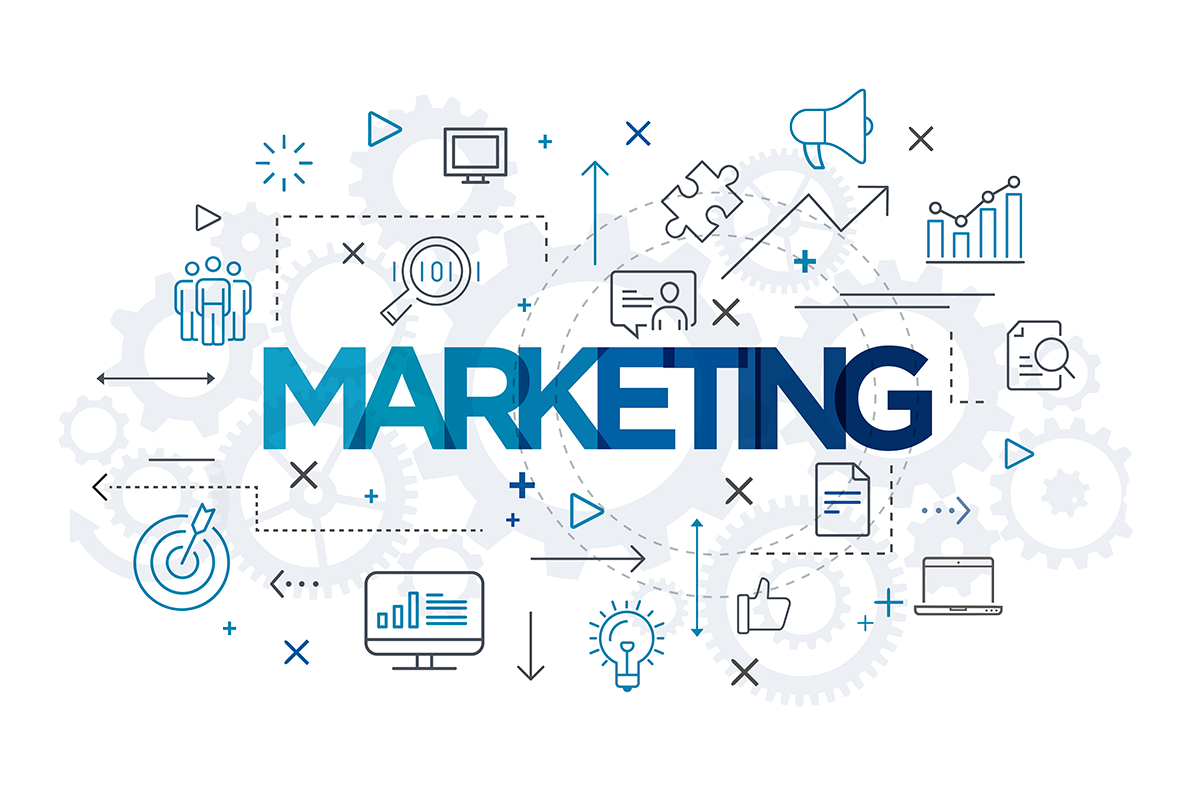 A dynamic graphic with the word "MARKETING" surrounded by symbols and icons representing digital marketing strategies and analytics