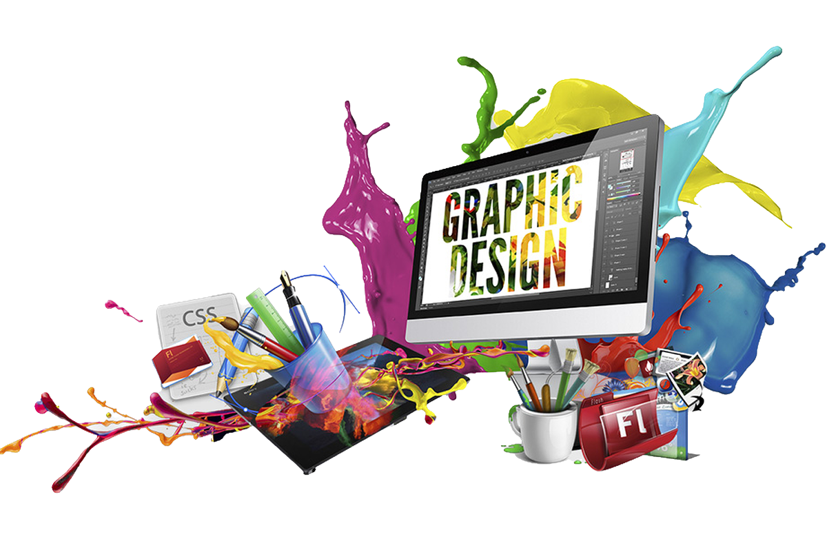 Dynamic and colorful graphic design concept with splashes of paint around a monitor displaying "GRAPHIC DESIGN" and creative tools and icons.