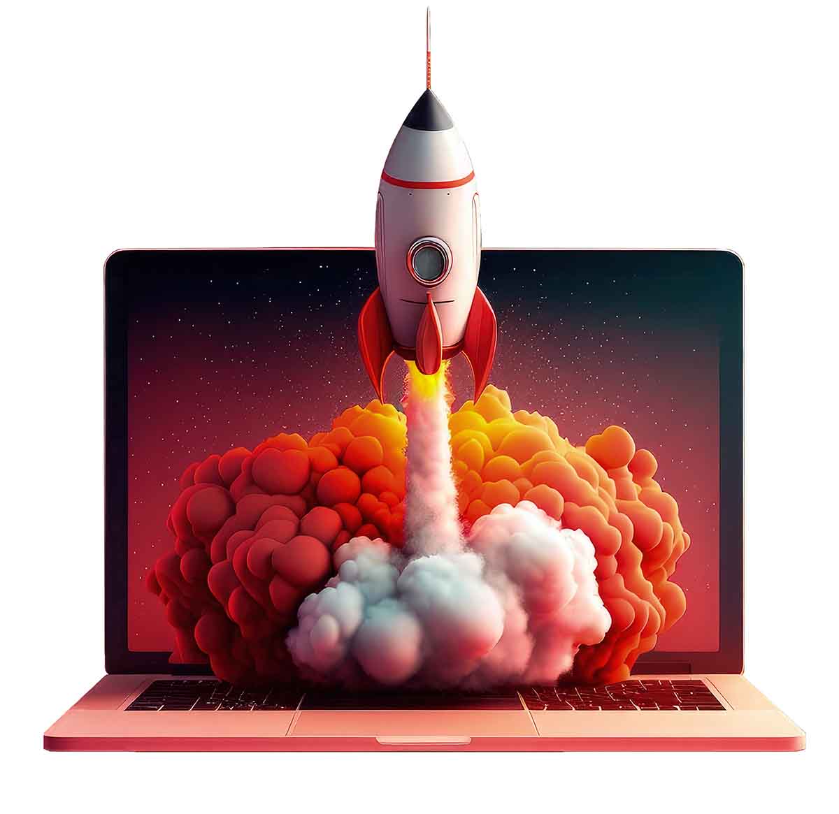 Rocket on laptop screen on PNG transparent background, startup c