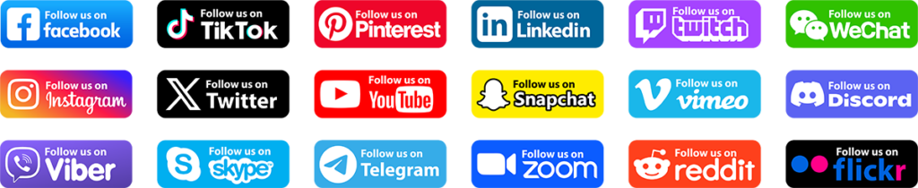 A colorful collection of social media call-to-action banners with icons and text for Facebook, TikTok, Pinterest, LinkedIn, WeChat, Instagram, Twitter, YouTube, Snapchat, Vimeo, Discord, Viber, Skype, Telegram, Zoom, Reddit, and Flickr.