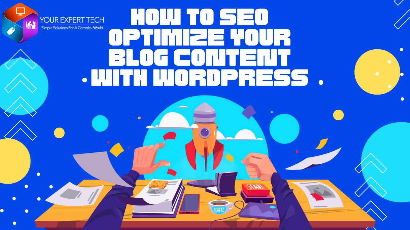 Alt Text: Colorful blog cover photo featuring two hands typing on a laptop, illustrating how to SEO optimize blog content with WordPress, set against a vibrant blue background.