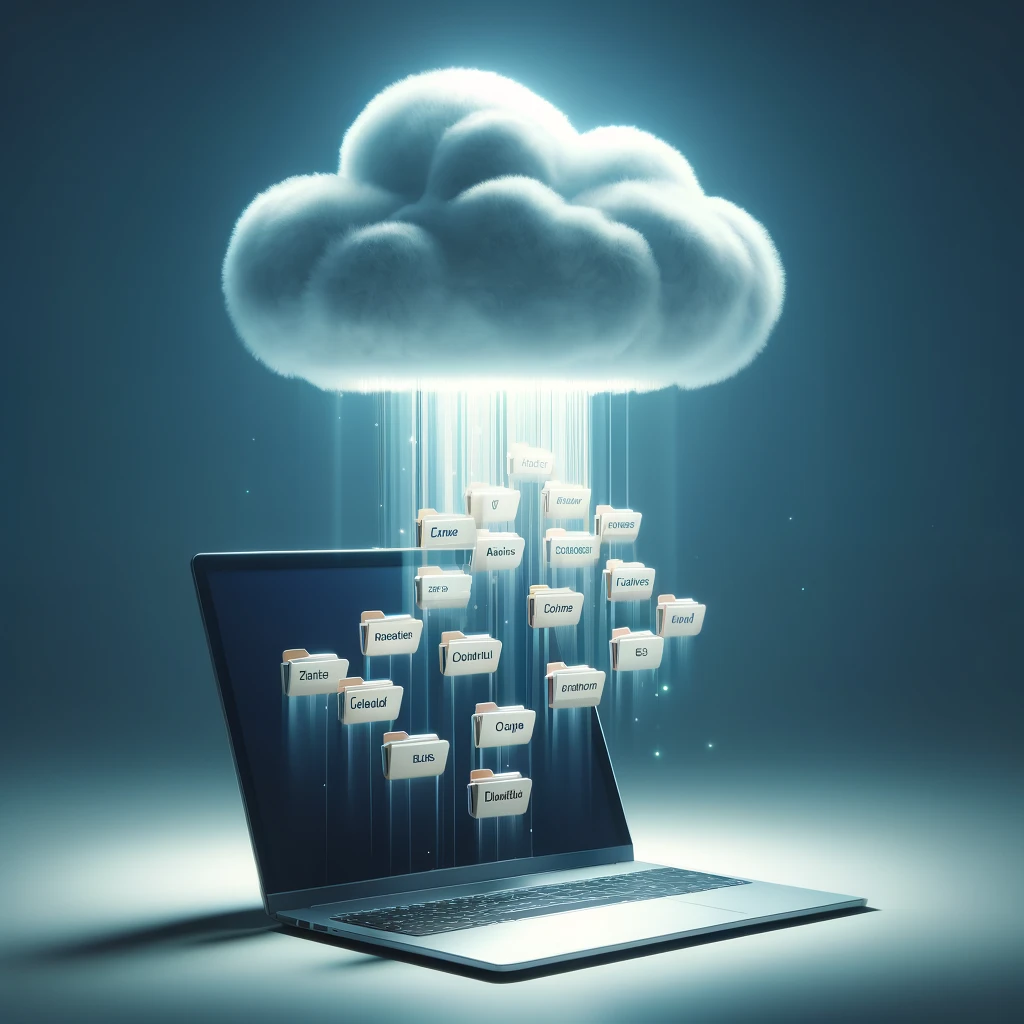 Digital files flowing from a laptop into a cloud, representing cloud storage