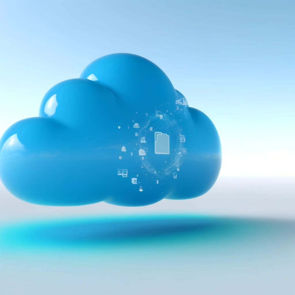 A vibrant blue cloud symbolizing a modern cloud storage system, with abstract symbols of files and data swirling around, against a clear sky background.