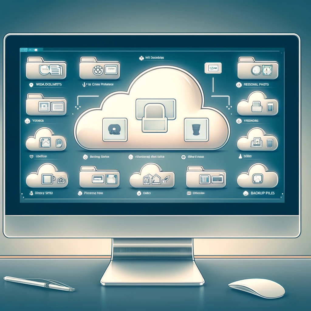 A computer screen showing a cloud storage interface with folders labeled 'Work Documents', 'Personal Photos', 'Videos', and 'Backup Files', indicating they are stored in the cloud.