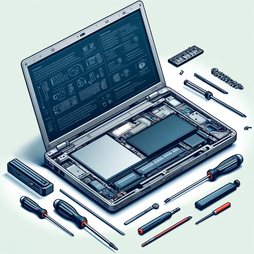 A laptop with its bottom panel open, showing the internal compartment for battery replacement, with tools and a new battery laid out next to it